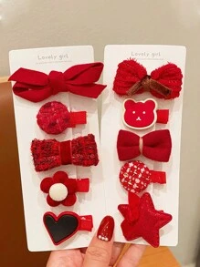 2 张卡（10 件）婴儿发夹，女童婴儿蝴蝶结发夹，可爱新生儿刘海夹，儿童新年发饰，红色 - 彩色 - 查看 2