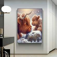 豪华 5D DIY 钻石画套装 - 两头高地牛，动物主题 | 圆形钻石，帆布材质 | 客厅、卧室、办公室无框墙面艺术 | 创意手工礼物 - 彩色 - 查看 4