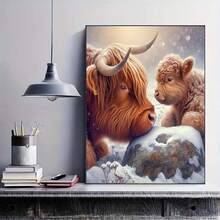 豪华 5D DIY 钻石画套装 - 两头高地牛，动物主题 | 圆形钻石，帆布材质 | 客厅、卧室、办公室无框墙面艺术 | 创意手工礼物 - 彩色 - 查看 3