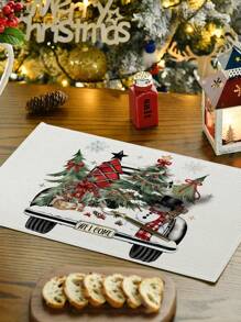 1 件/4 件/6 件圣诞冬季餐垫、圣诞车、冬青树花瓶麋鹿亚麻餐垫、防污餐垫，适用于家庭、餐厅、餐桌装饰、家居用品