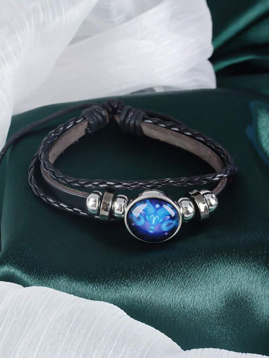 1 件时尚情侣手链，12 星座多层编织夜光朋克皮革星空手链 - 黑色 - 查看 1