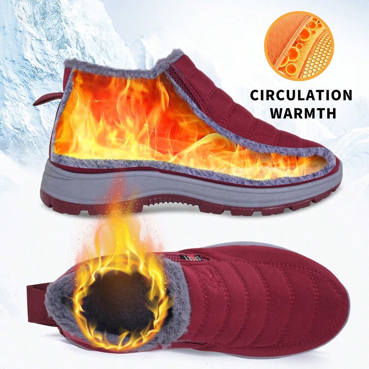 1 双新款保暖内衬休闲踝靴，女士保暖雪地靴 - 紅色 - 查看 3