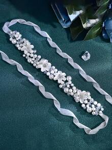 1 件手工珍珠花新娘腰带，优雅适合婚纱和礼服 - 銀色 - 查看 5