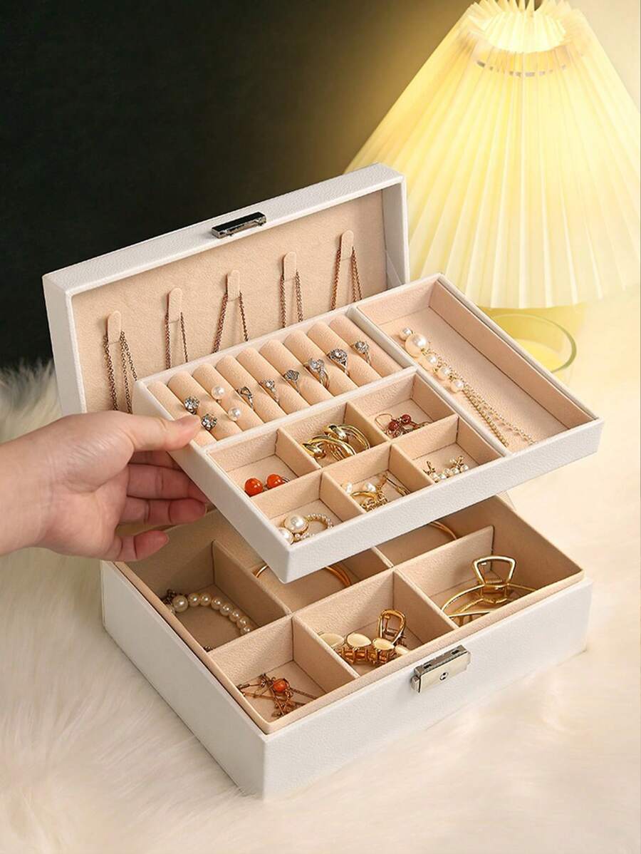 1个PU皮革首饰收纳盒，女士首饰盒，双层首饰展示收纳盒，可收纳项链、耳环、手链、戒指 - 情人节礼物