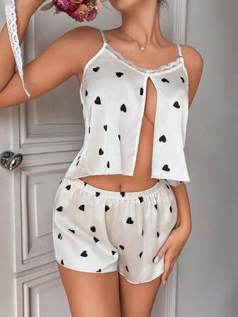2 pezzi Set bianco e nero con stampa a cuore crop top e pantaloncini sexy, lingerie per donna