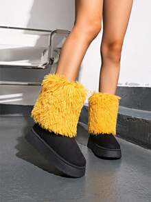 新款女士休闲保暖防滑撞色毛边拼接雪地靴，舒适黑色鞋子 - 黑色 - 查看 1