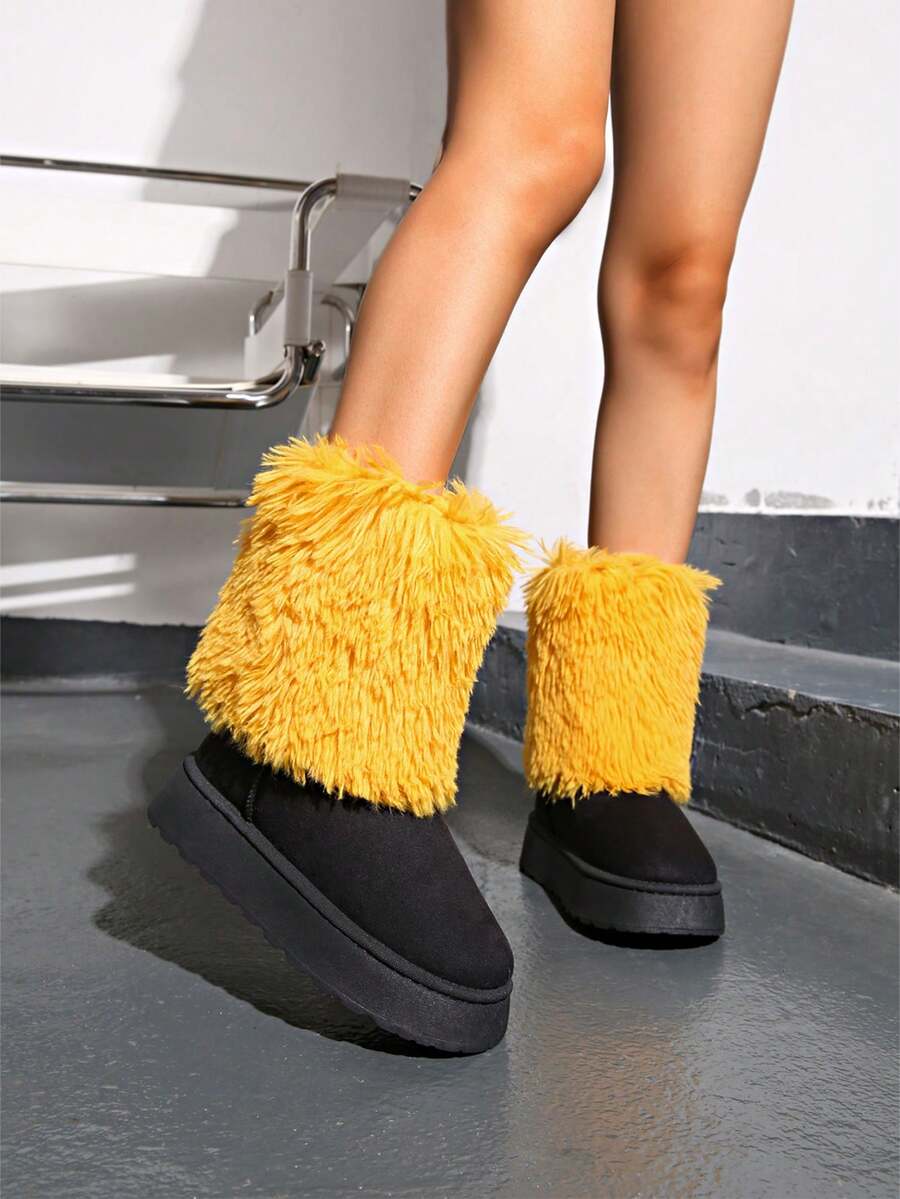 新款女士休闲保暖防滑撞色毛边拼接雪地靴，舒适黑色鞋子 - 黑色 - 查看 1