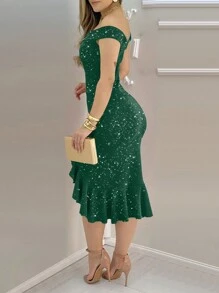 ChicMe 露肩串珠荷叶边修身中长连衣裙，性感派对优雅时尚夏季 - 綠色 - 查看 3
