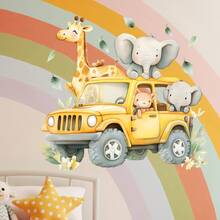 1PC Động vật du lịch trên ô tô dán tường Miếng dán tường động vật hoang dã đi bộ đường dài Khám phá động vật lột và dán Hươu cao cổ và voi Miếng dán tường phiêu lưu động vật cho trang trí phòng gia đình - Nhiều màu - Xem 5