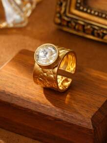 1/7 chiếc nhẫn trang trí bằng thép không gỉ màu vàng thời trang phong cách retro tròn trong suốt lớn có thể điều chỉnh được dành cho nữ phù hợp để đeo hàng ngày hoặc làm quà tặng - Vàng - Xem 16