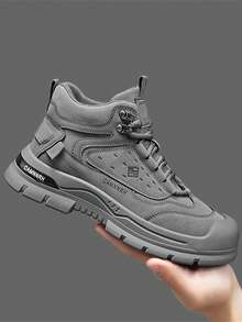 男士登山靴春秋新款厚底防滑耐磨中帮圆头系带PU皮拼接防水防油复古英伦风户外运动登山靴男百搭户外摩托车靴 - 灰色 - 查看 3
