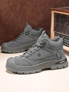 男士登山靴春秋新款厚底防滑耐磨中帮圆头系带PU皮拼接防水防油复古英伦风户外运动登山靴男百搭户外摩托车靴 - 灰色 - 查看 2