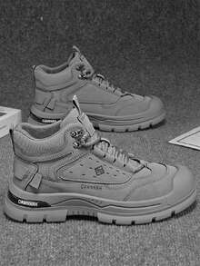 男士登山靴春秋新款厚底防滑耐磨中帮圆头系带PU皮拼接防水防油复古英伦风户外运动登山靴男百搭户外摩托车靴 - 灰色 - 查看 1