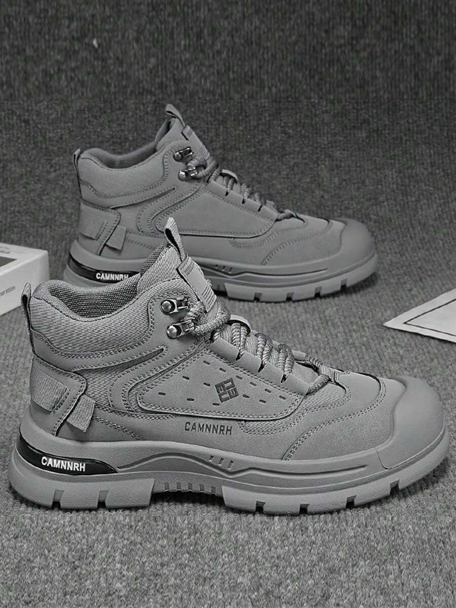 男士登山靴春秋新款厚底防滑耐磨中帮圆头系带PU皮拼接防水防油复古英伦风户外运动登山靴男百搭户外摩托车靴 - 灰色 - 查看 1