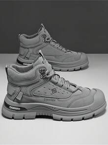 男士登山靴春秋新款厚底防滑耐磨中帮圆头系带PU皮拼接防水防油复古英伦风户外运动登山靴男百搭户外摩托车靴 - 灰色 - 查看 5