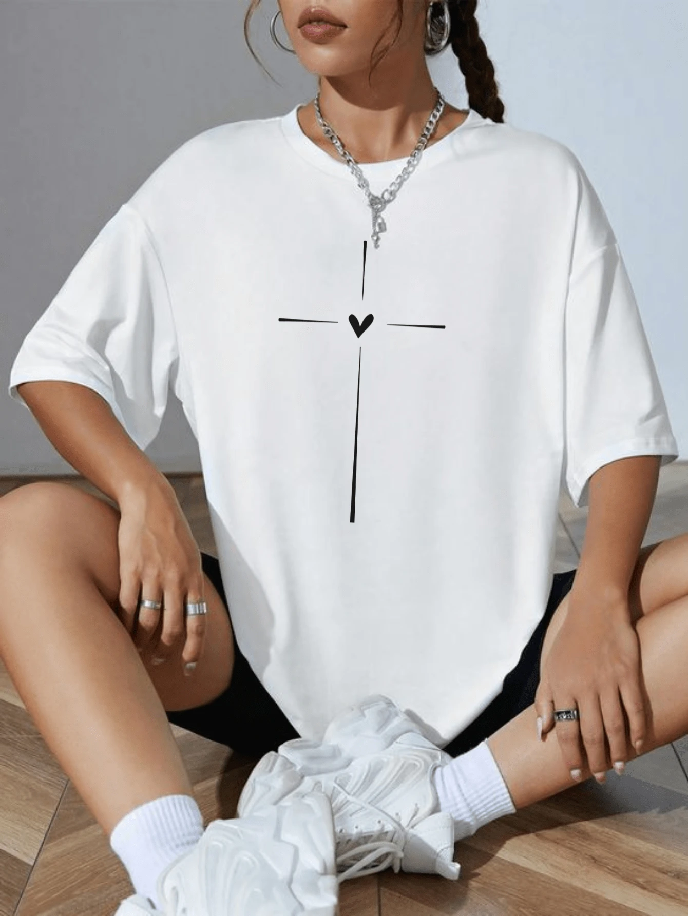 Blouse Oversized T-Shirt Heart And Cross Print Fashion - White - View 1
