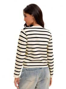 Women's Striped Cardigan Sweater Long Sleeve Button Down Crew Neck Cardigans - 杏黑 - 查看 2