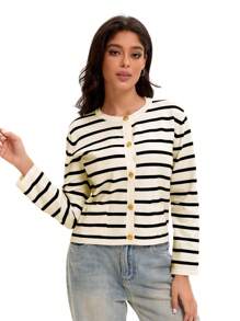 Women's Striped Cardigan Sweater Long Sleeve Button Down Crew Neck Cardigans - 杏黑 - 查看 3