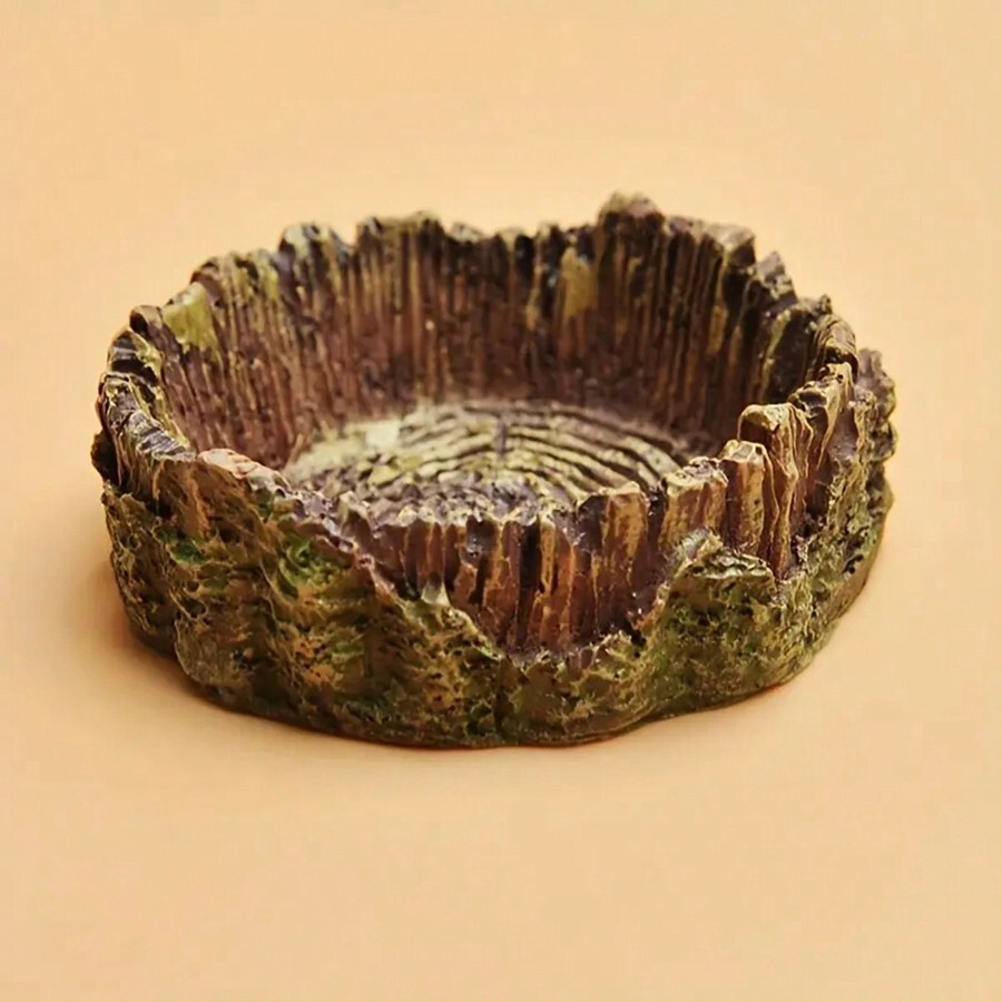 1pc Rustic Reptile Water Dish NaturalLooking Round Faux Tree Stump