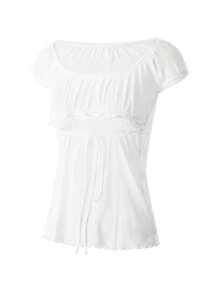 Womens Lace Flower Crochet Tops, Cap Sleeve Low Cut Drawstring T-Shirt Female Off Shoulder Clothing - White - View 7