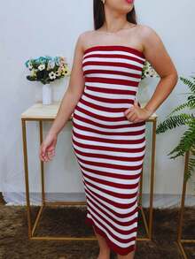 Women's Midi Dress Striped Long Chic Strapless Modal Knit Elegant - 紅色 - 查看 1