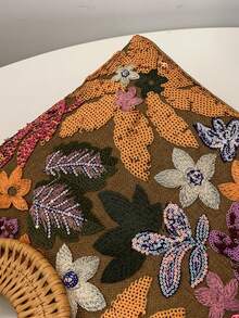 1 件时尚拼色亮片网眼撞色叶花卉刺绣优雅女士竹节圆形包，手提波西米亚休闲节日派对手提包 - 橘色 - 查看 6