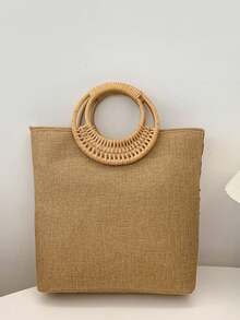 1 件时尚拼色亮片网眼撞色叶花卉刺绣优雅女士竹节圆形包，手提波西米亚休闲节日派对手提包 - 橘色 - 查看 7