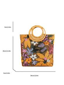 1 件时尚拼色亮片网眼撞色叶花卉刺绣优雅女士竹节圆形包，手提波西米亚休闲节日派对手提包 - 橘色 - 查看 9