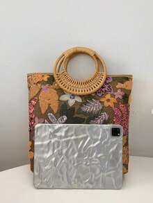 1 件时尚拼色亮片网眼撞色叶花卉刺绣优雅女士竹节圆形包，手提波西米亚休闲节日派对手提包 - 橘色 - 查看 8