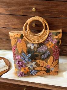 1 件时尚拼色亮片网眼撞色叶花卉刺绣优雅女士竹节圆形包，手提波西米亚休闲节日派对手提包 - 橘色 - 查看 2