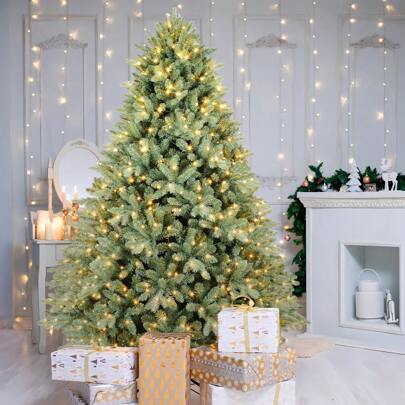 6FT Pre-Lit Artificial Christmas Tree With 1413 PE&PVC Mixed Branch Tips, 400 Warm White Lights, Hinged Premium Spruce Fake Xmas Trees, Green, Foldable Base Christmas Decorations Home Christmas Gifts Christmas Decor