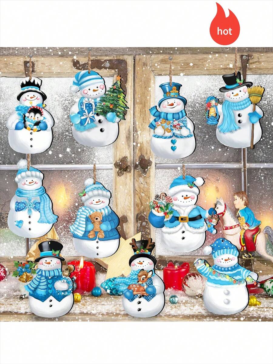 12pcs/24pcs/36pcs Christmas Snowman Wooden Hanging Decors, Winter Blue Snowman Decoration Set, Wooden Craft Ornaments For Holiday And Christmas Party Decorations Home Decor Christmas Decorations Room Decor - Multicolor - View 1