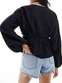 Bow Tie Front Tops For Women V Neck Lace Up Shirts Casual Long Flare Sleeve Blouese Summer Going Out Tops