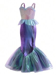 带有随机水钻装饰的年轻女孩彩色贝壳刺绣美人鱼连衣裙 - 藍色 - 查看 3