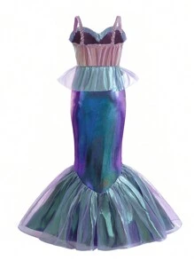 带有随机水钻装饰的年轻女孩彩色贝壳刺绣美人鱼连衣裙 - 藍色 - 查看 2