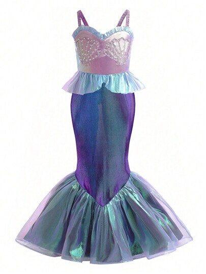 Young Girl's Colorblock Shell Embroidery Mermaid Dress With Random Rhinestone Decorations