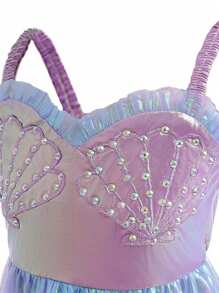 带有随机水钻装饰的年轻女孩彩色贝壳刺绣美人鱼连衣裙 - 藍色 - 查看 4