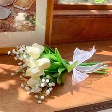 手捧花 新娘手捧花 人造郁金香 婚礼花束 伴娘花束 婚礼鲜花 新娘配饰 - 白色 - 查看 4