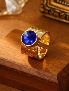 1/7 chiếc nhẫn trang trí bằng thép không gỉ màu vàng thời trang phong cách retro tròn trong suốt lớn có thể điều chỉnh được dành cho nữ phù hợp để đeo hàng ngày hoặc làm quà tặng - Vàng - Xem 13