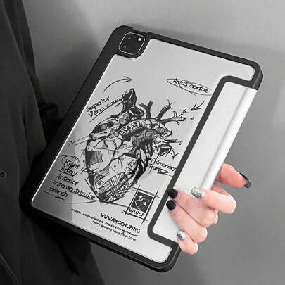 1 件素描心形图案硅胶保护壳，带铅笔槽，兼容华为/iPad，防震和睡眠/唤醒功能