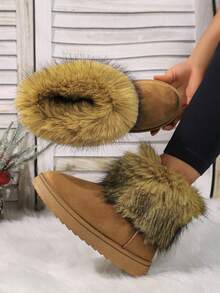 新款时尚休闲保暖防水防滑冬季撞色毛茸茸面板女式雪地靴，百搭黑色鞋 - 棕色 - 查看 6