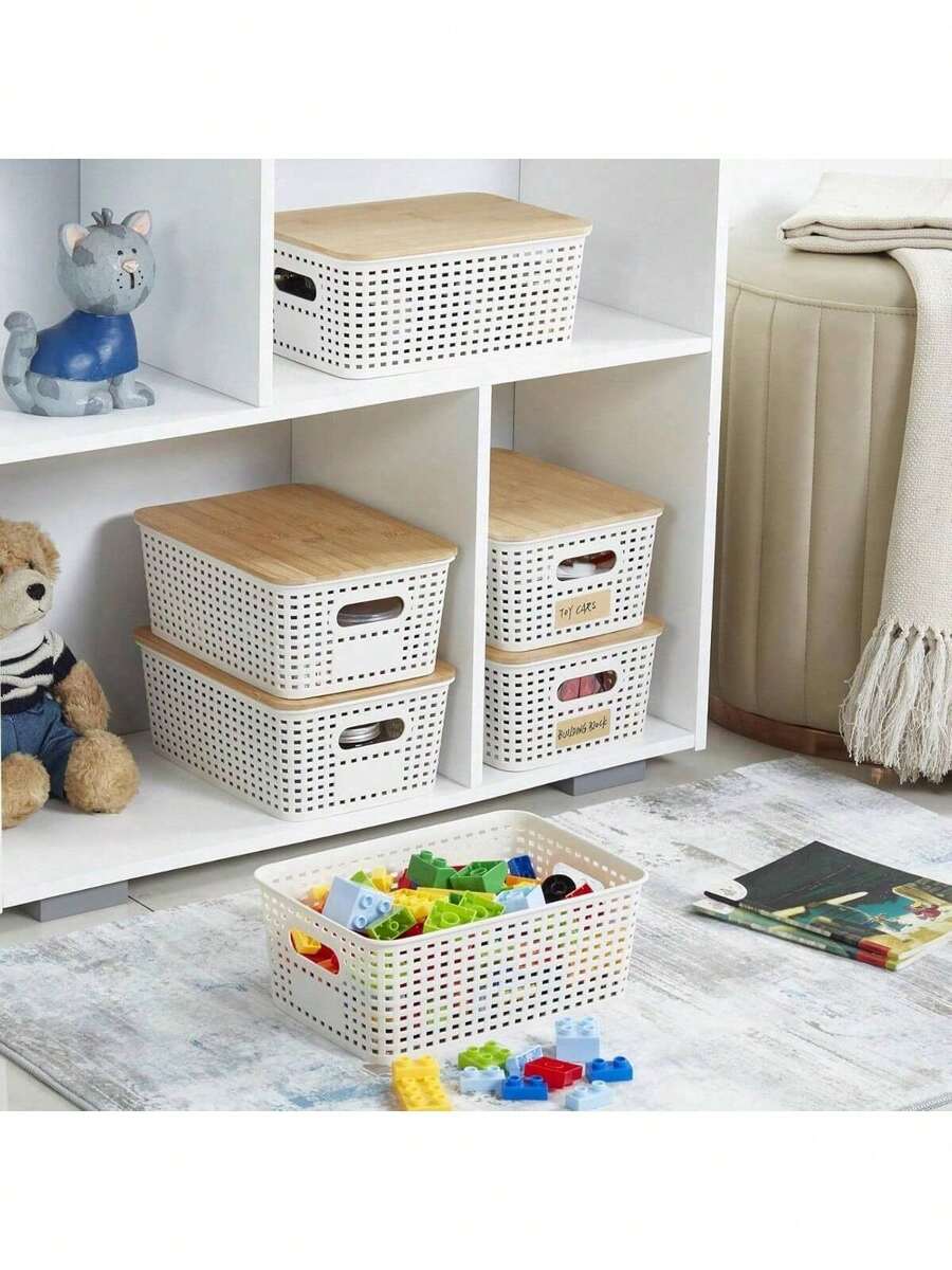 Small Plastic Storage Bins With Bamboo Lids 5.2qt Stackable Box Basket