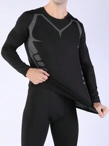男友风格男士压缩上衣：终极运动长袖衬衫，适合冬季运动表现 - 黑色 - 查看 4