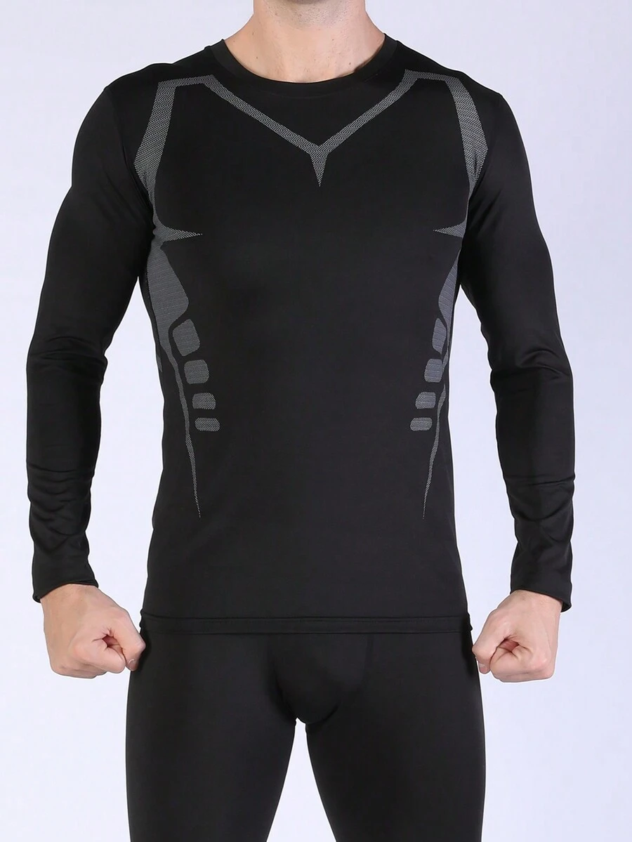 男友风格男士压缩上衣：终极运动长袖衬衫，适合冬季运动表现 - 黑色 - 查看 1