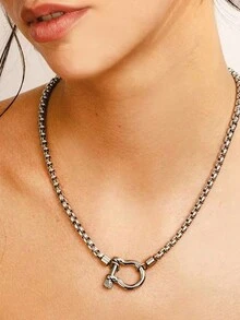 GARMEND Dây chuyền mặt dây chuyền hộp thép không gỉ mạ vàng 18K choker hai màu khóa to bản dành cho nữ trang sức - Bạc - Xem 2