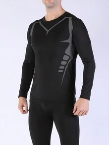 男友风格男士压缩上衣：终极运动长袖衬衫，适合冬季运动表现 - 黑色 - 查看 3