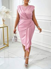 Đầm suông đơn giản không tay cổ tròn màu trơn cỡ lớn đơn giản thường ngày - Bụi hồng - Xem 4