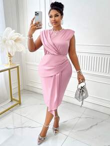 Đầm suông đơn giản không tay cổ tròn màu trơn cỡ lớn đơn giản thường ngày - Bụi hồng - Xem 6