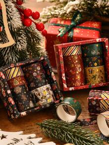 6 卷/盒，复古圣诞和纸胶带套装 - 独特的烫金圣诞图案贴纸卷，用于剪贴簿装饰学生文具装饰胶带礼品包装装饰必需品 - 纸质材料，易于使用 - 彩色 - 查看 6