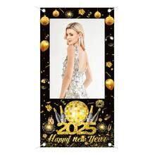 1.8*0.9m 黑色和金色背景窗帘，带脸部镂空，2025 主题派对新年装饰品，摄影亭摄影道具 - 彩色 - 查看 7